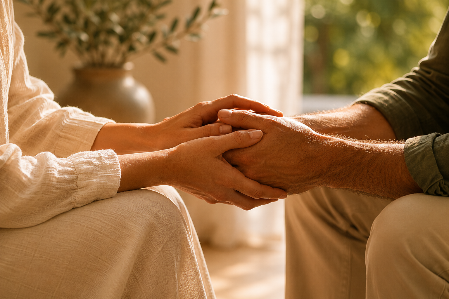 Les mains enlacées d'un couple au coucher du soleil
